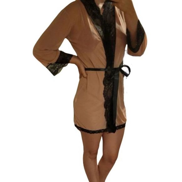 Nude Satin Lace Robe - Picture 4 of 5